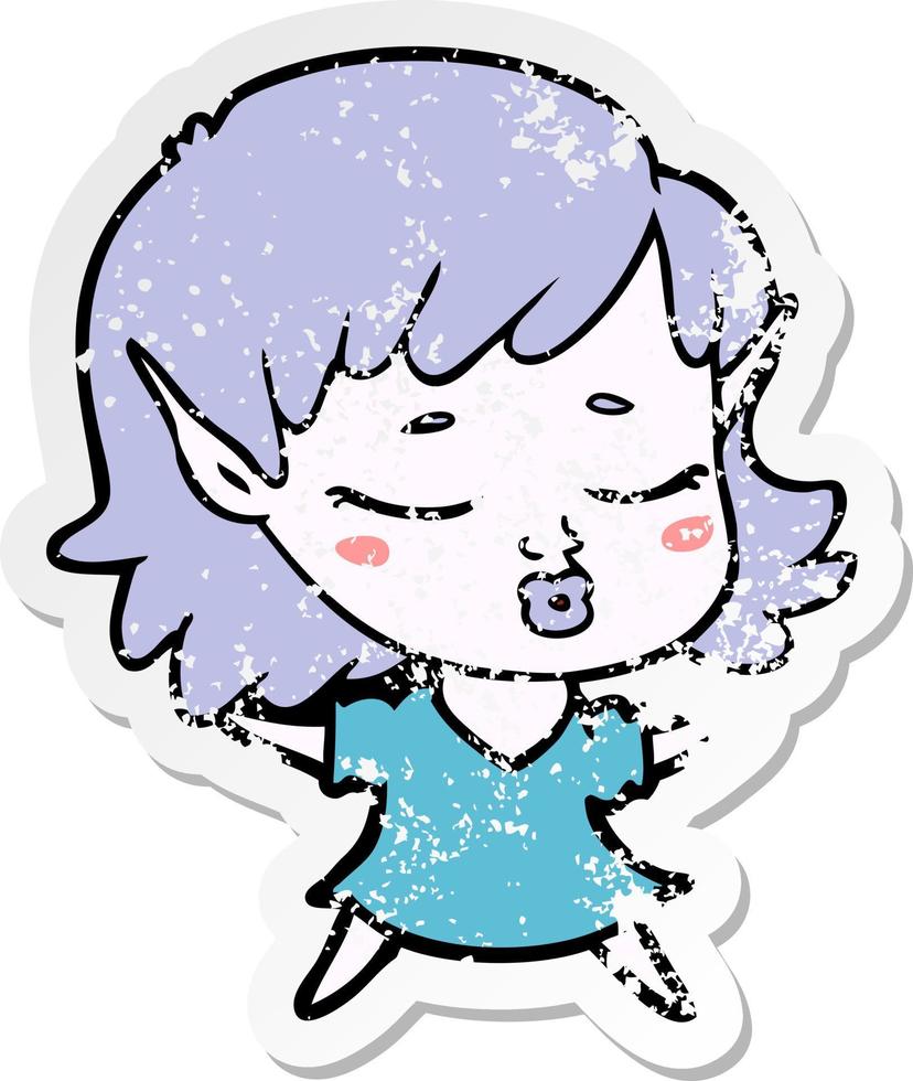 distressed sticker of a pretty cartoon elf girl vector