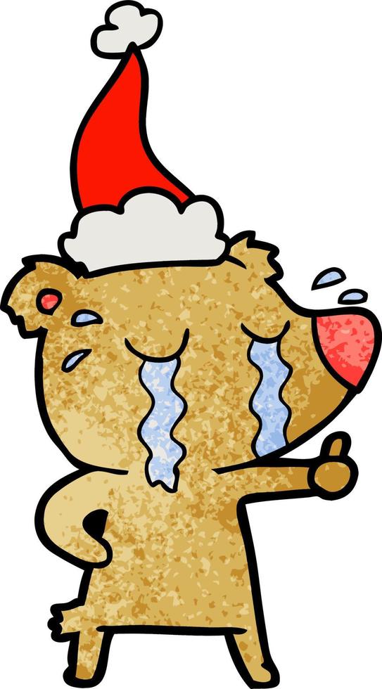 textured cartoon of a crying bear wearing santa hat vector