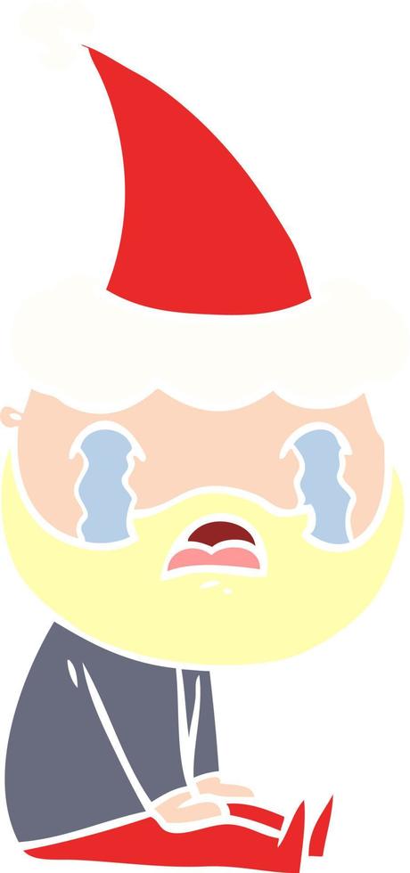 flat color illustration of a bearded man crying wearing santa hat vector