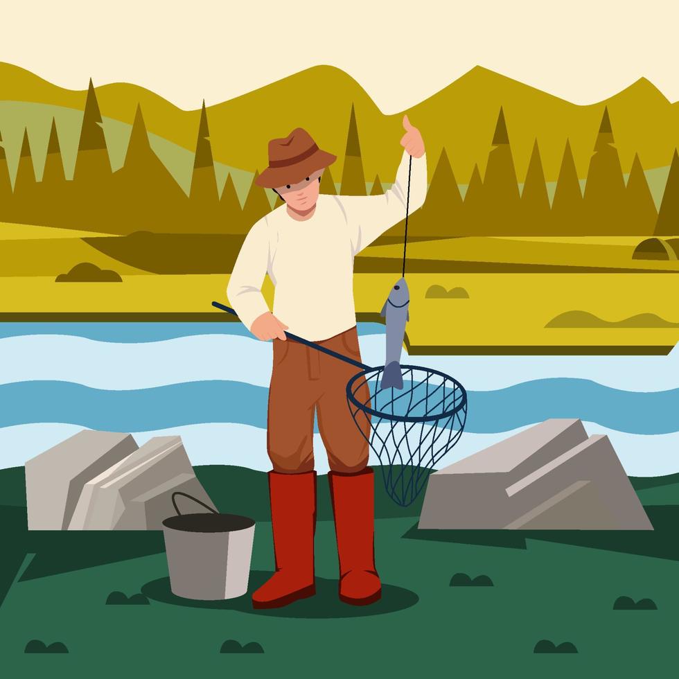 Fisherman Take Out Fish From His Net Concept vector