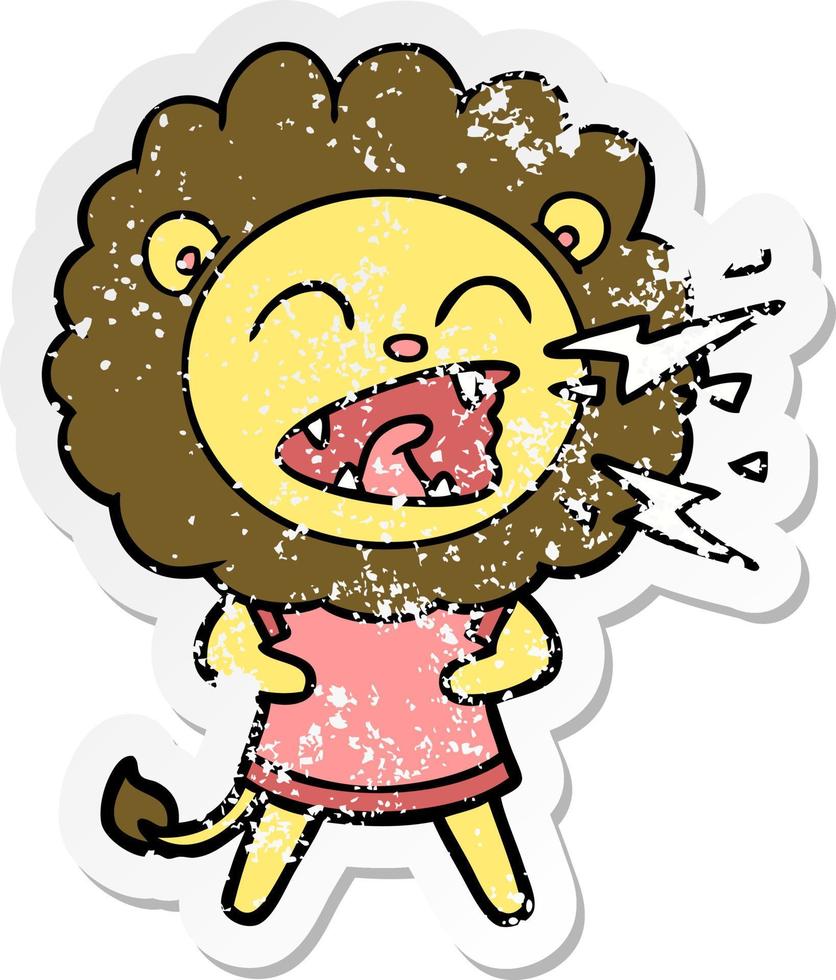 distressed sticker of a cartoon roaring lion in dress vector