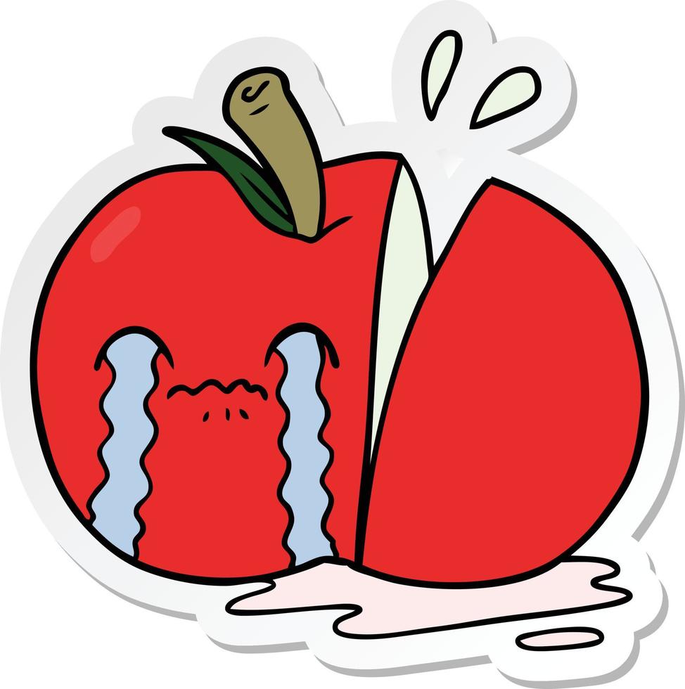 pegatina de una caricatura de manzana triste en rodajas vector