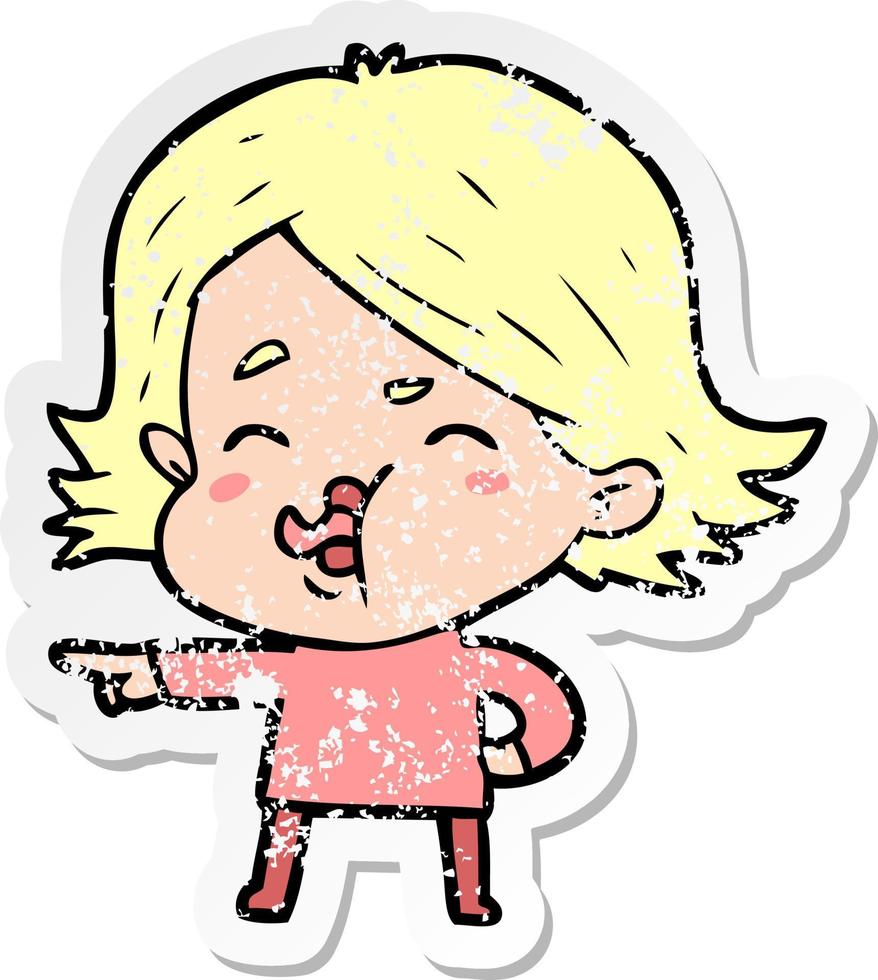 distressed sticker of a cartoon girl pulling face vector