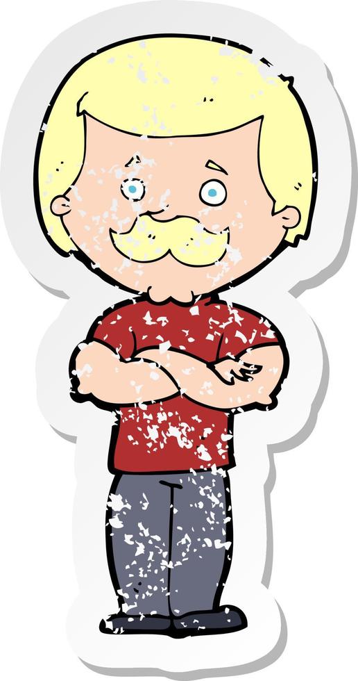 pegatina retro angustiada de un hombre de bigote varonil de dibujos animados vector