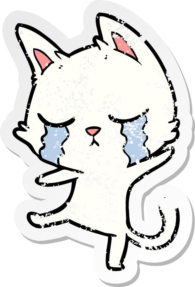 distressed sticker of a crying cartoon cat performing a dance vector