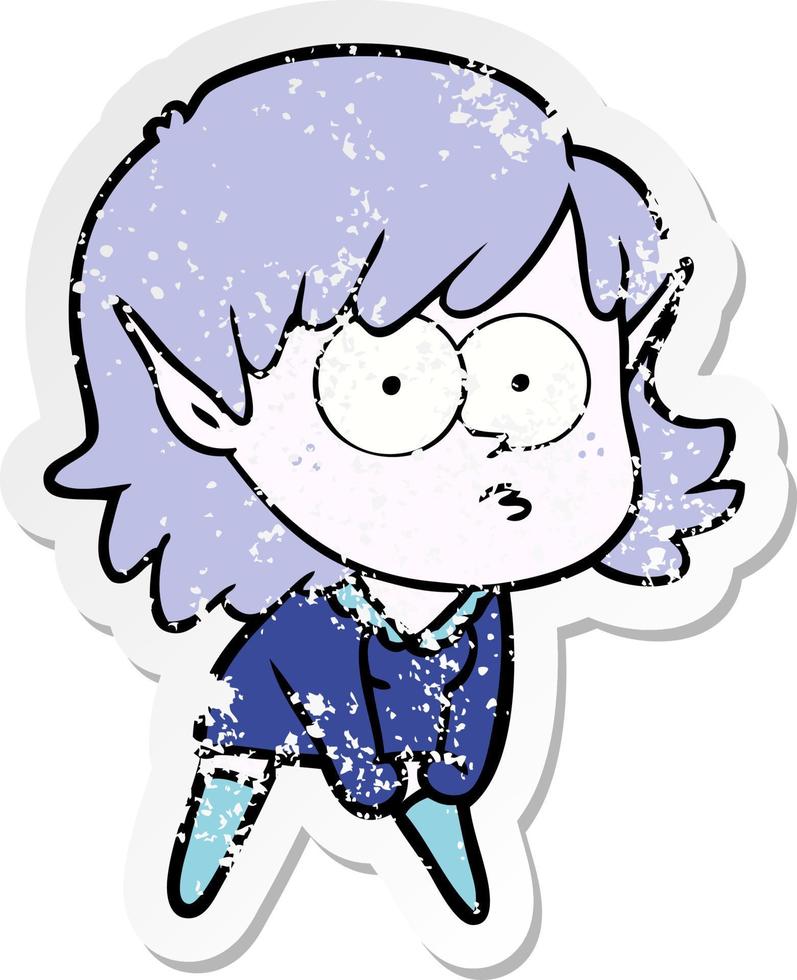 distressed sticker of a cartoon elf girl staring and crouching vector