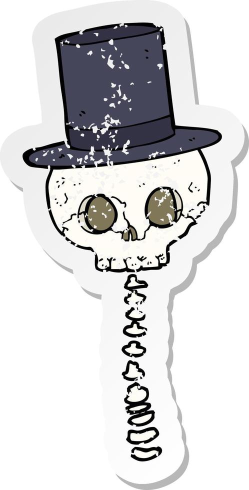 retro distressed sticker of a cartoon spooky skull in top hat vector