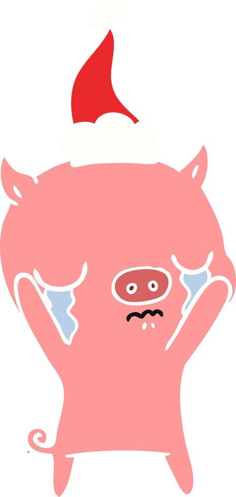 flat color illustration of a pig crying wearing santa hat vector