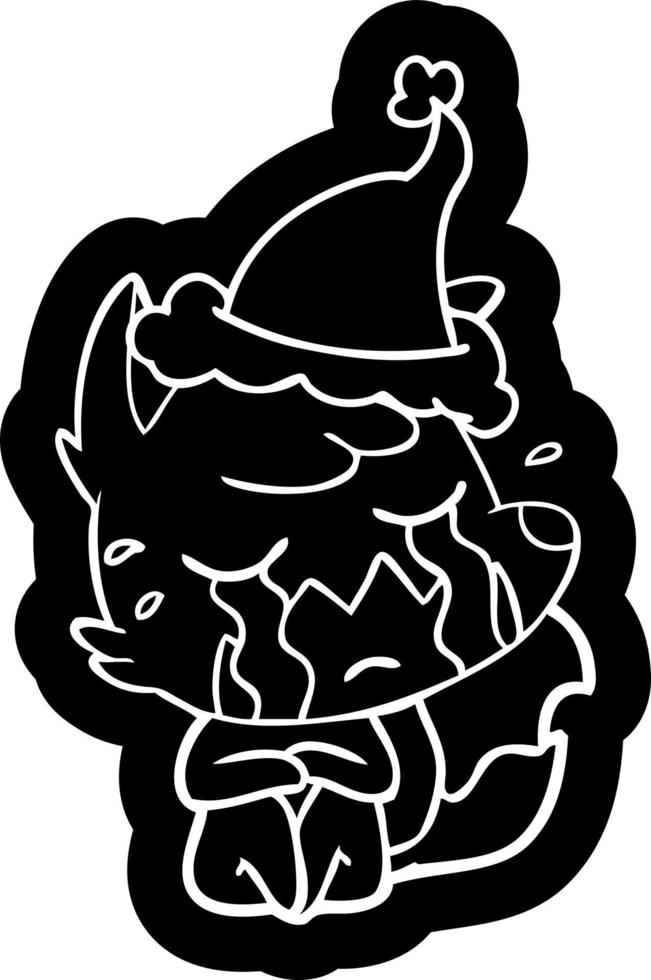 crying fox cartoon icon of a wearing santa hat vector
