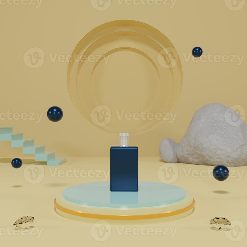 colourfull podium stage with perfume bottle and abstract background 3d render photo
