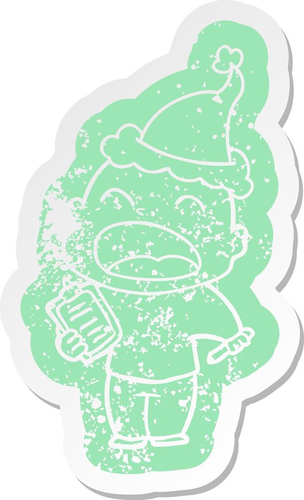 cartoon distressed sticker of a shouting bald man wearing santa hat vector