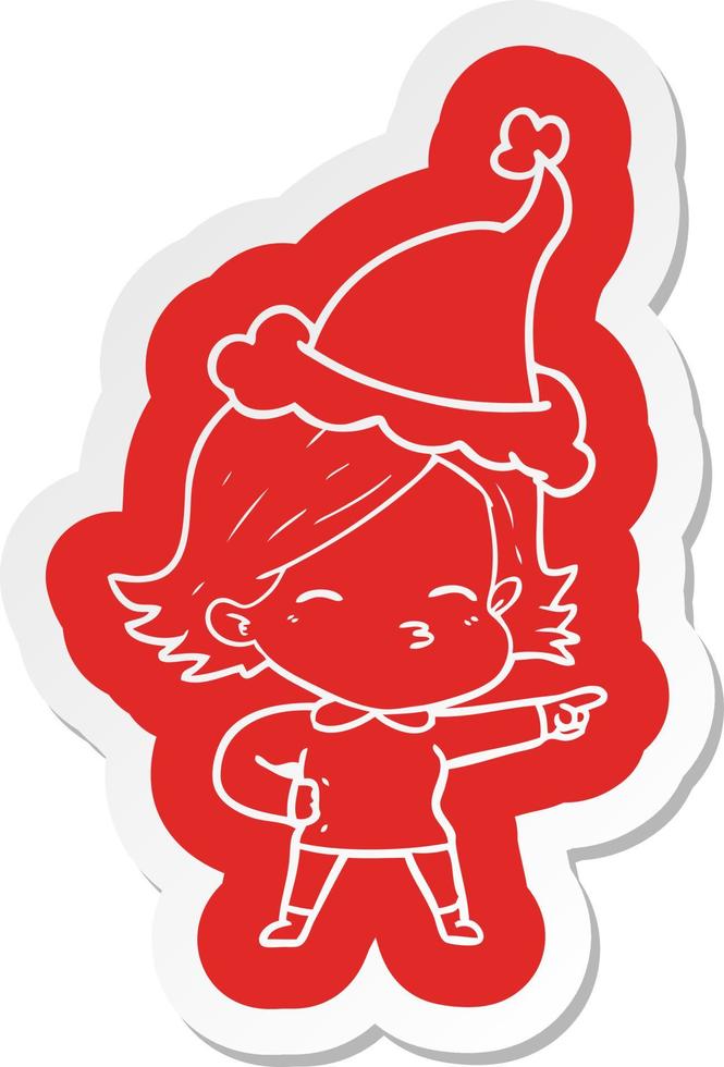 cartoon  sticker of a woman pointing wearing santa hat vector