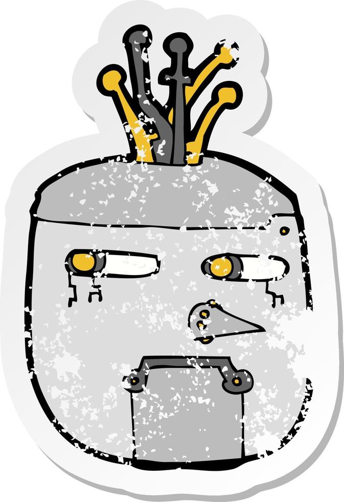 retro distressed sticker of a cartoon robot head vector