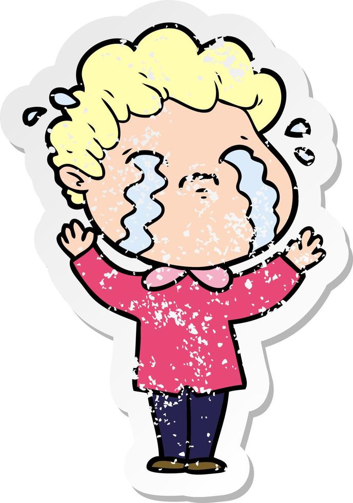 distressed sticker of a cartoon man crying vector