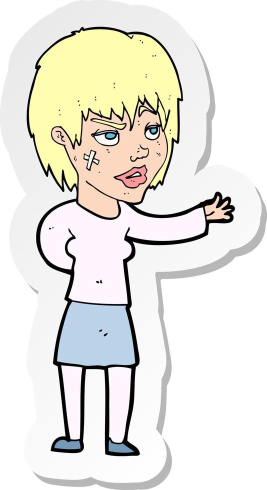 sticker of a cartoon woman with sticking plaster on face vector