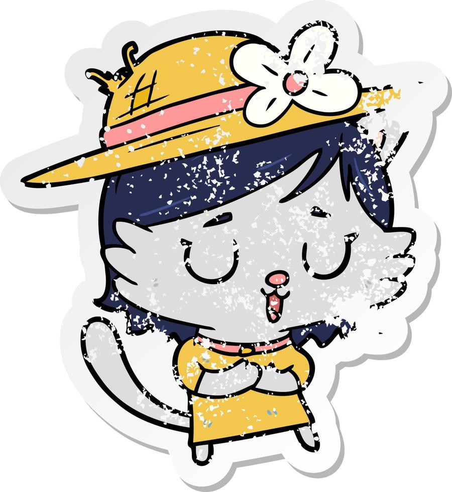 distressed sticker of a cartoon cat wearing hat vector