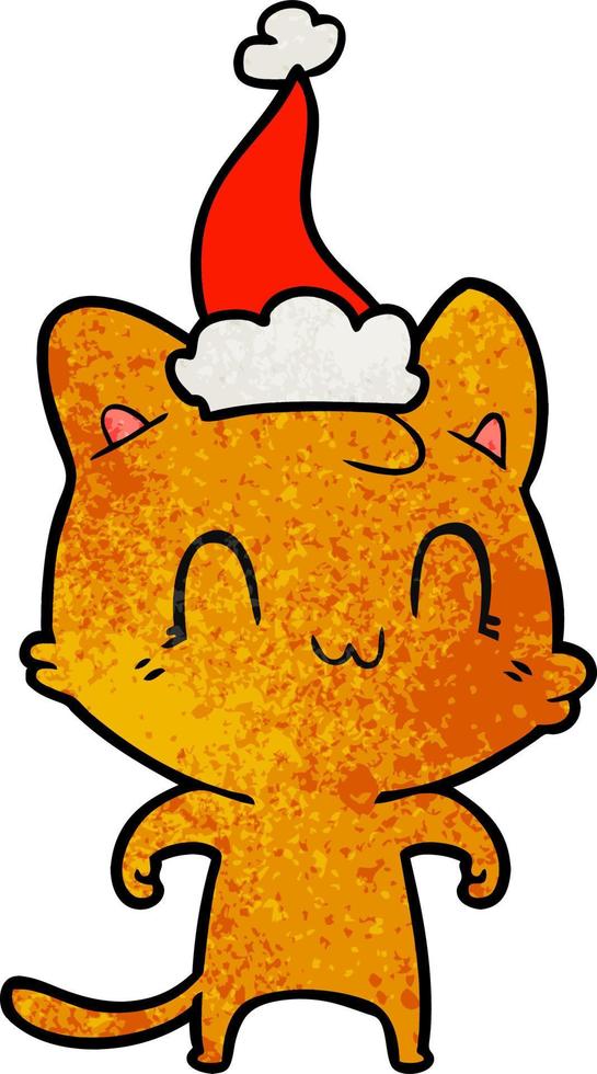 textured cartoon of a happy cat wearing santa hat vector
