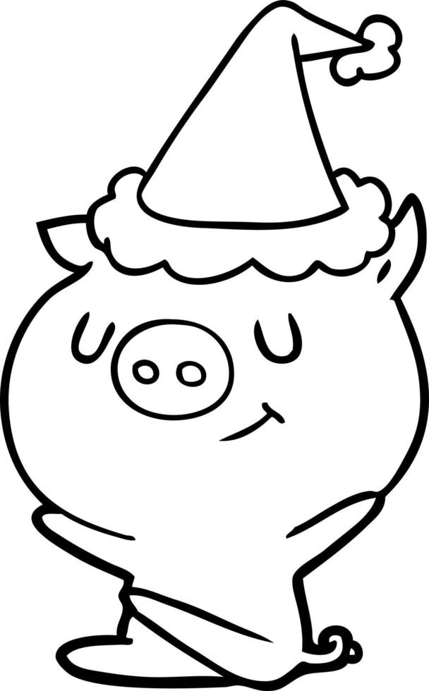 happy line drawing of a pig wearing santa hat vector