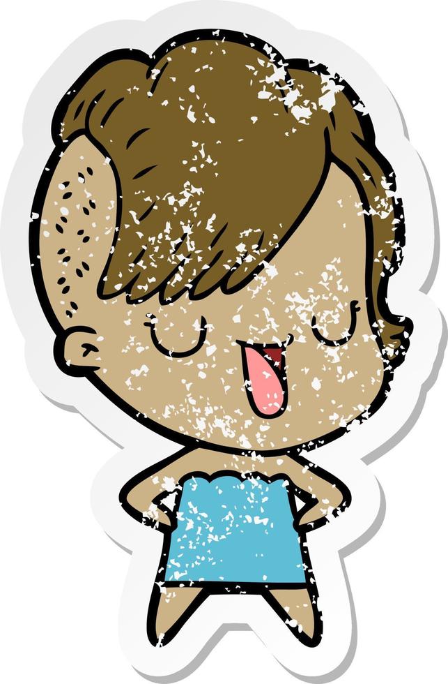 distressed sticker of a cute cartoon girl with hipster haircut vector