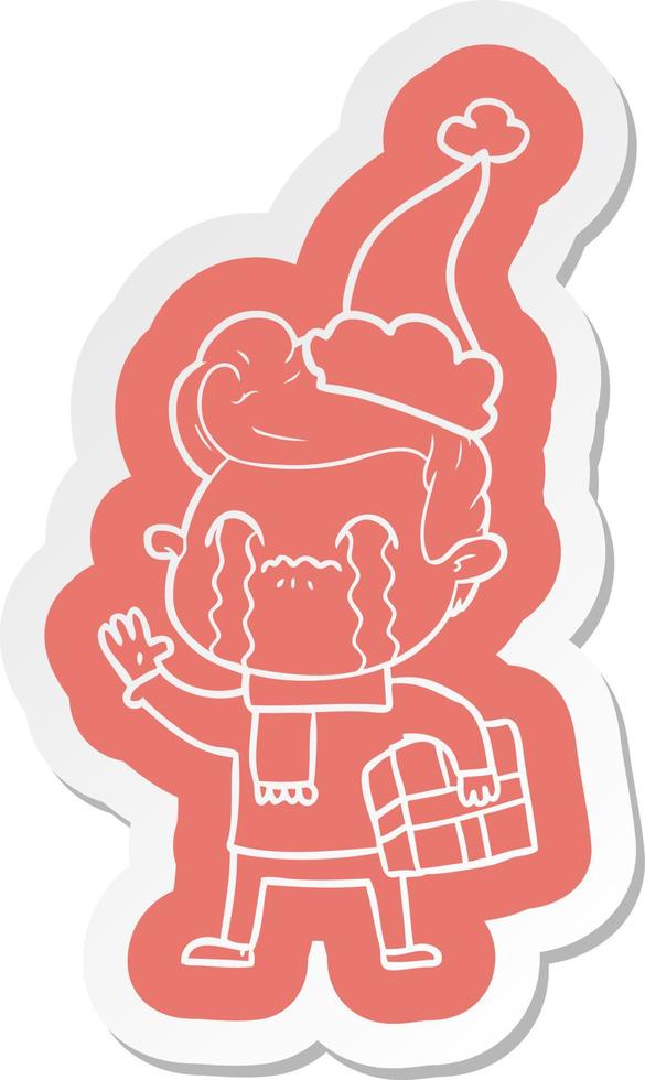 cartoon  sticker of a man crying wearing santa hat vector