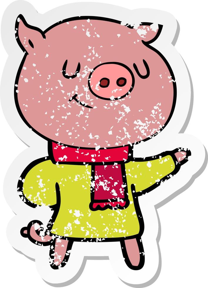 distressed sticker of a happy cartoon pig vector