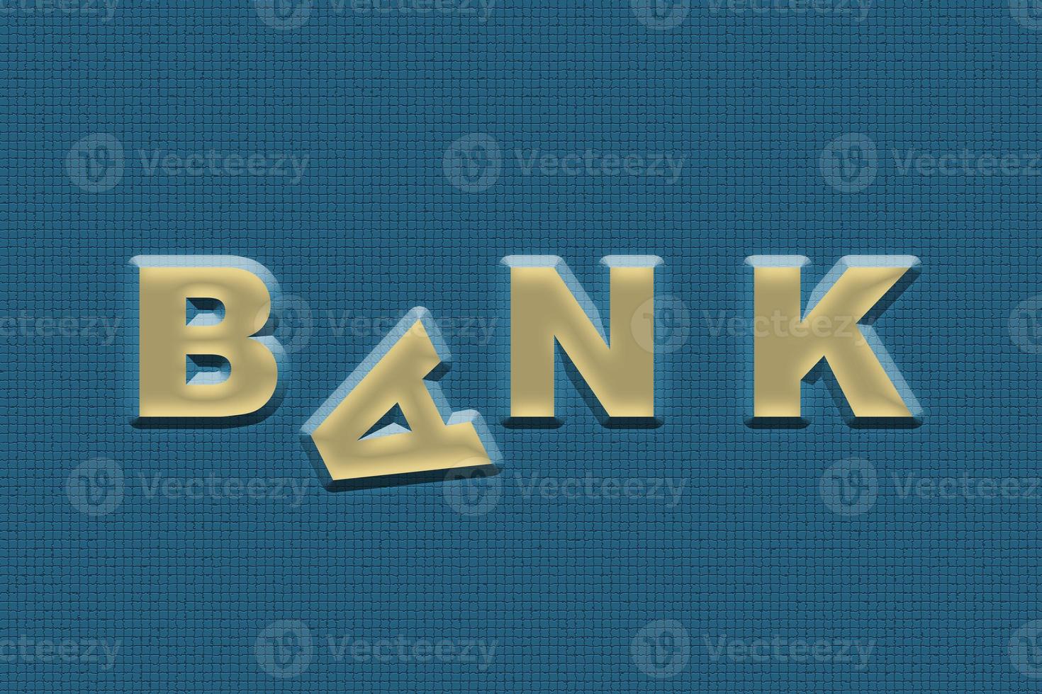 Bank, word from miniature 3D letters, with the fallen letter A, on Atlantic blue background. photo