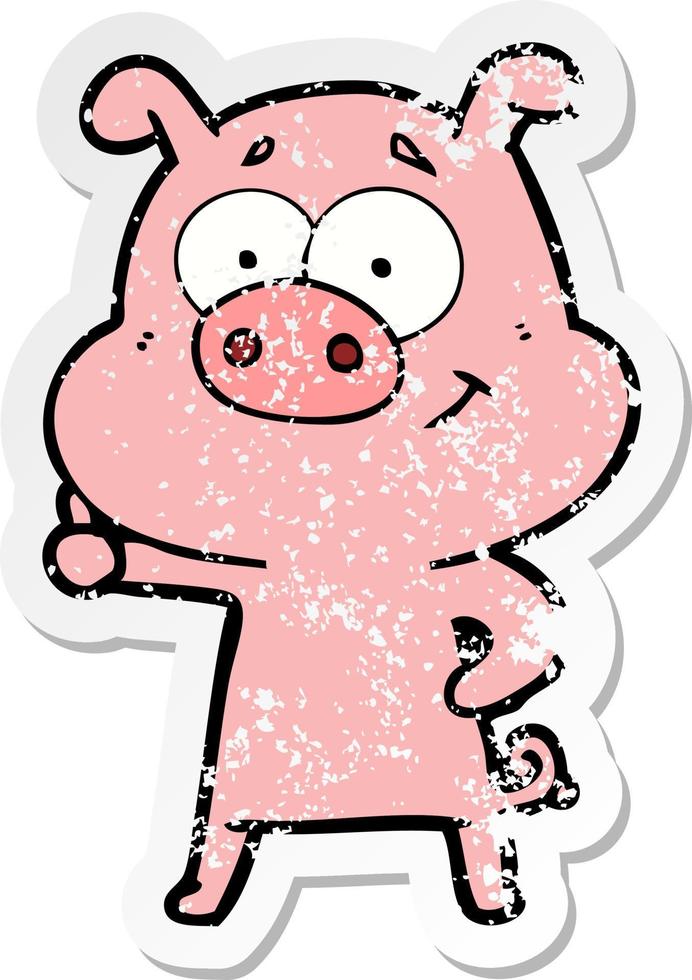 distressed sticker of a happy cartoon pig vector