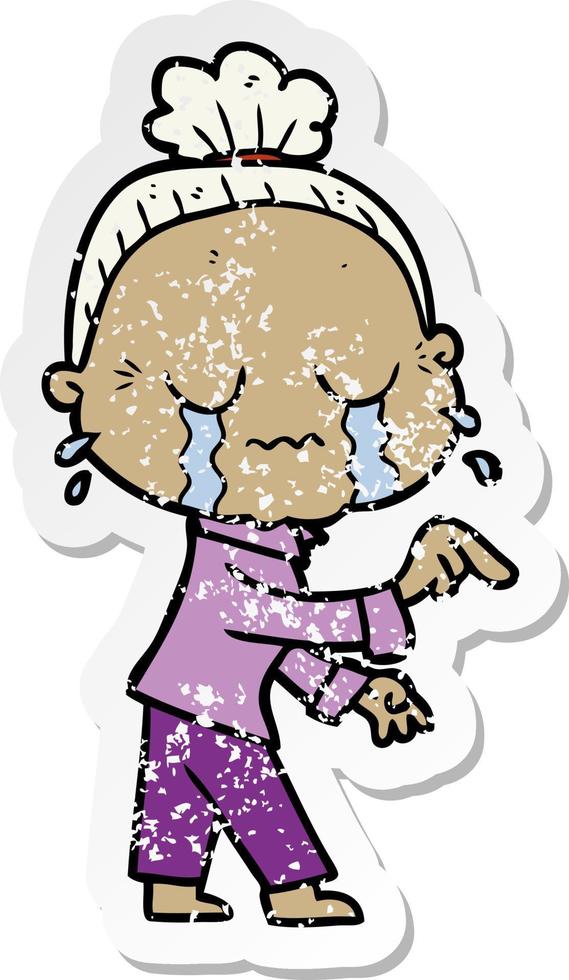 distressed sticker of a cartoon crying old lady vector