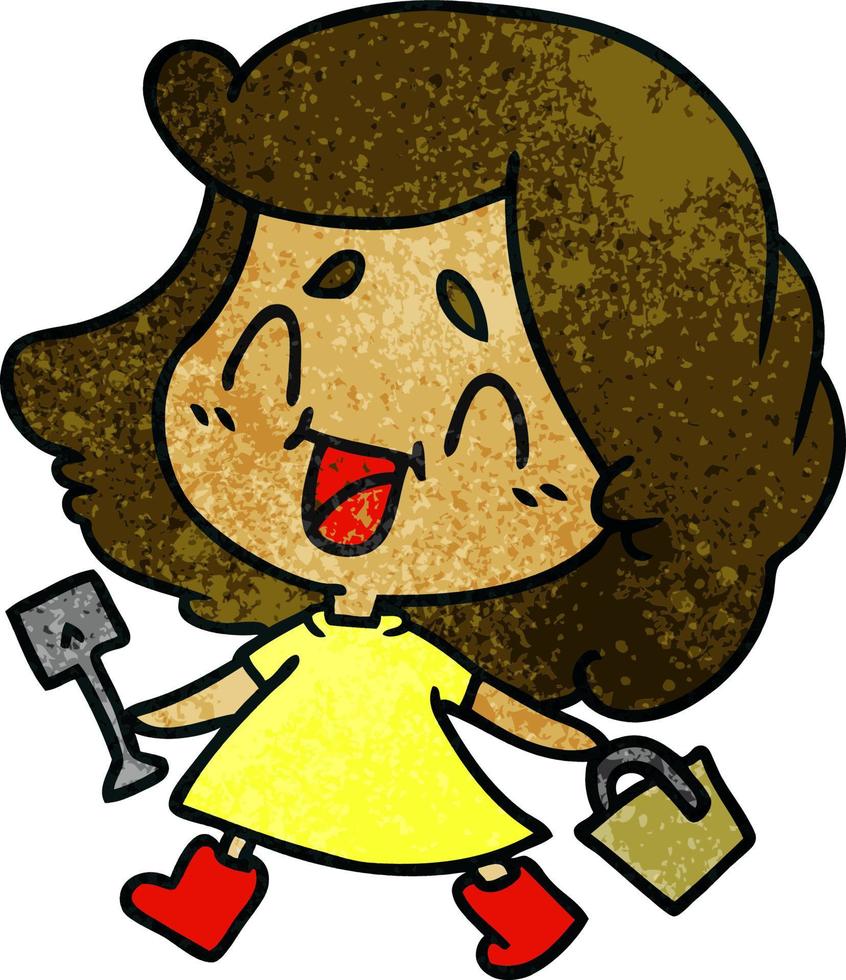 textured cartoon of cute kawaii girl with bucket and spade vector