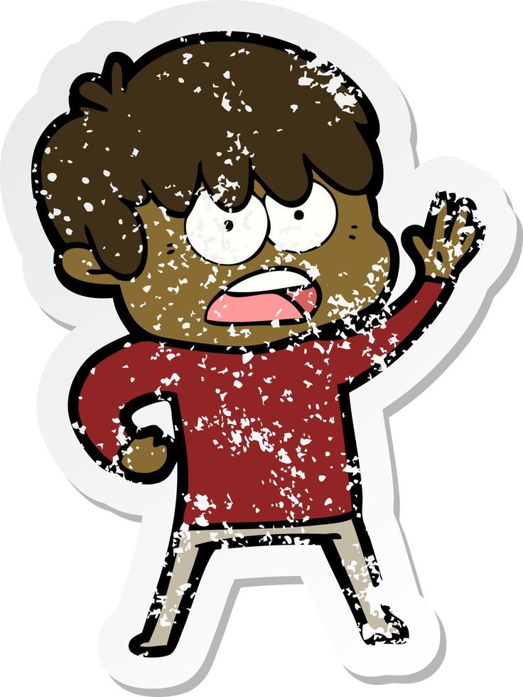 distressed sticker of a worried cartoon boy vector