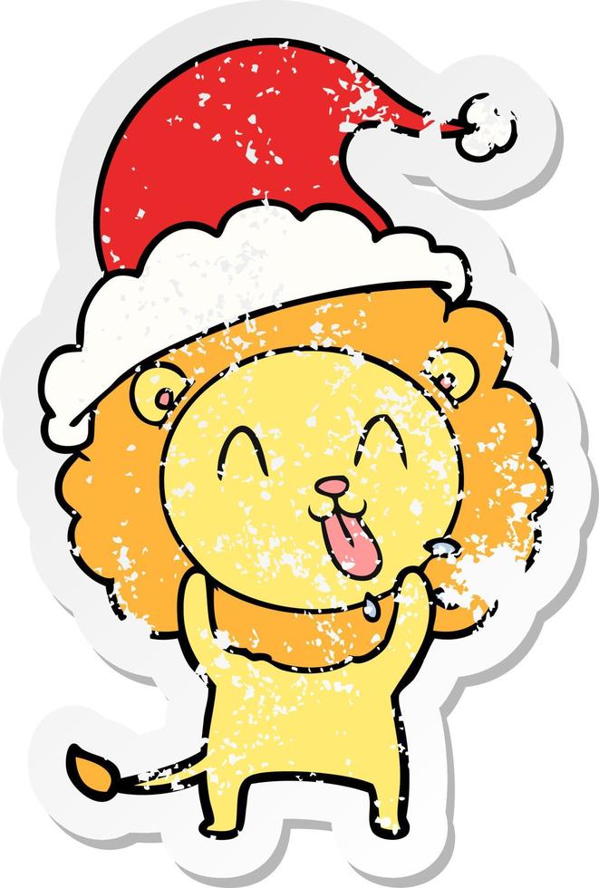 caricatura de pegatina angustiada feliz de un león con sombrero de santa vector