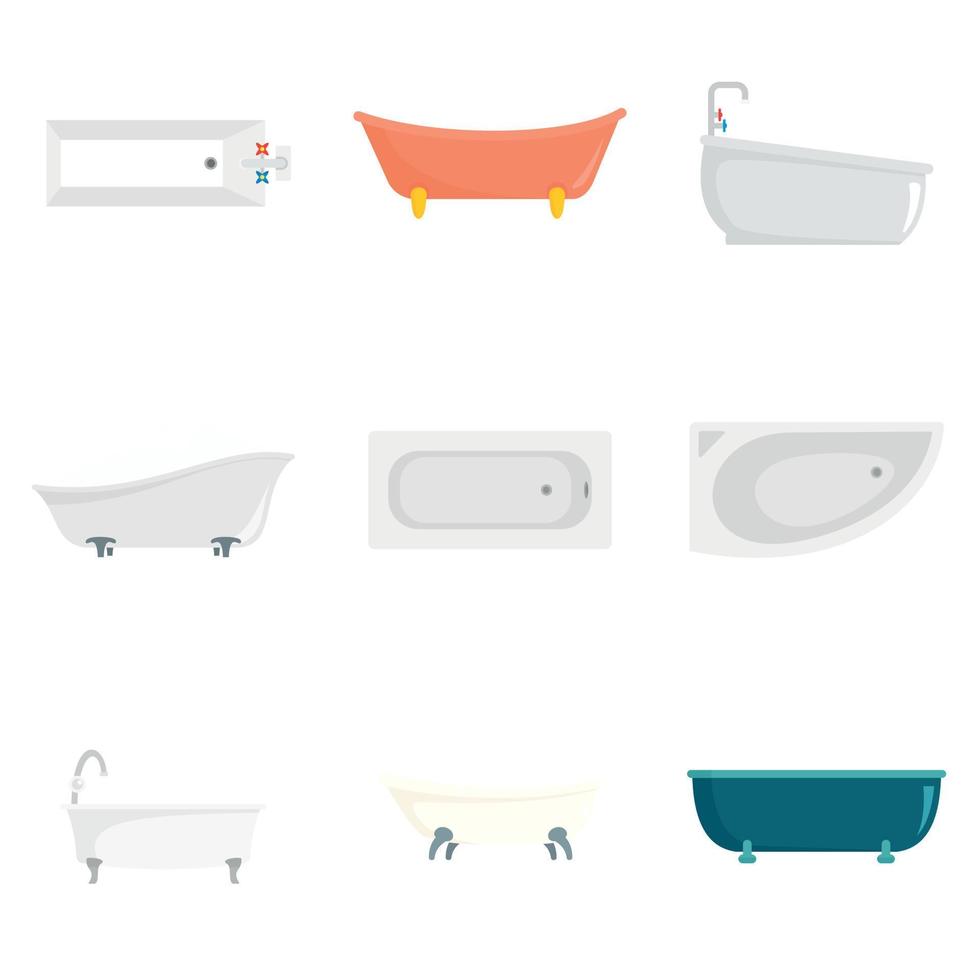 Bathtub interior icons set, flat style vector