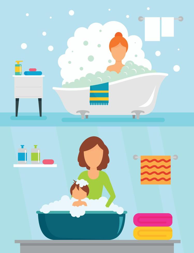 Bathtub bathe woman banner concept set, flat style vector