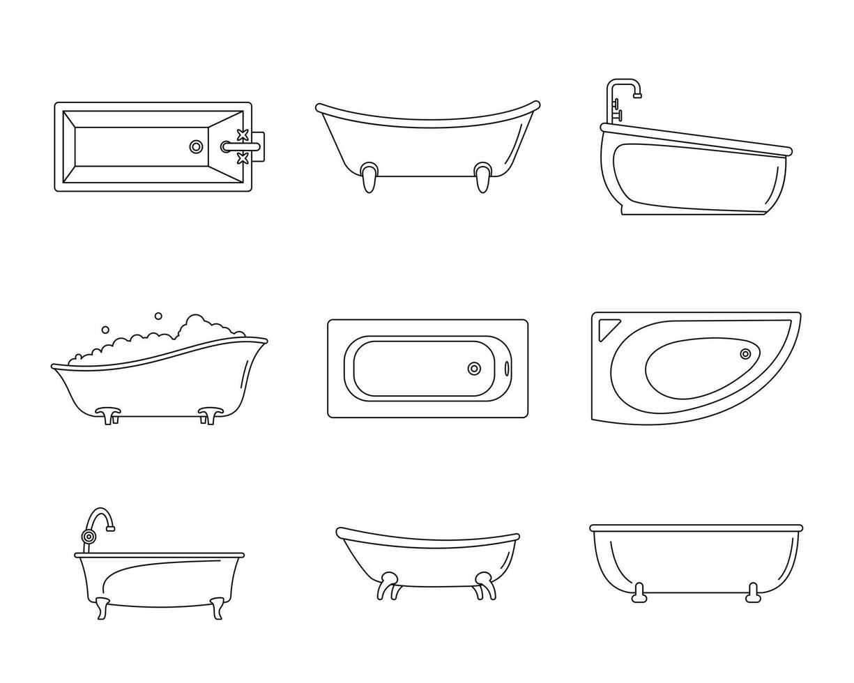 Bathtub interior icons set, outline style vector