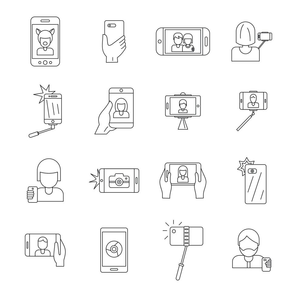 selfie video foto personas iconos conjunto, estilo de contorno vector