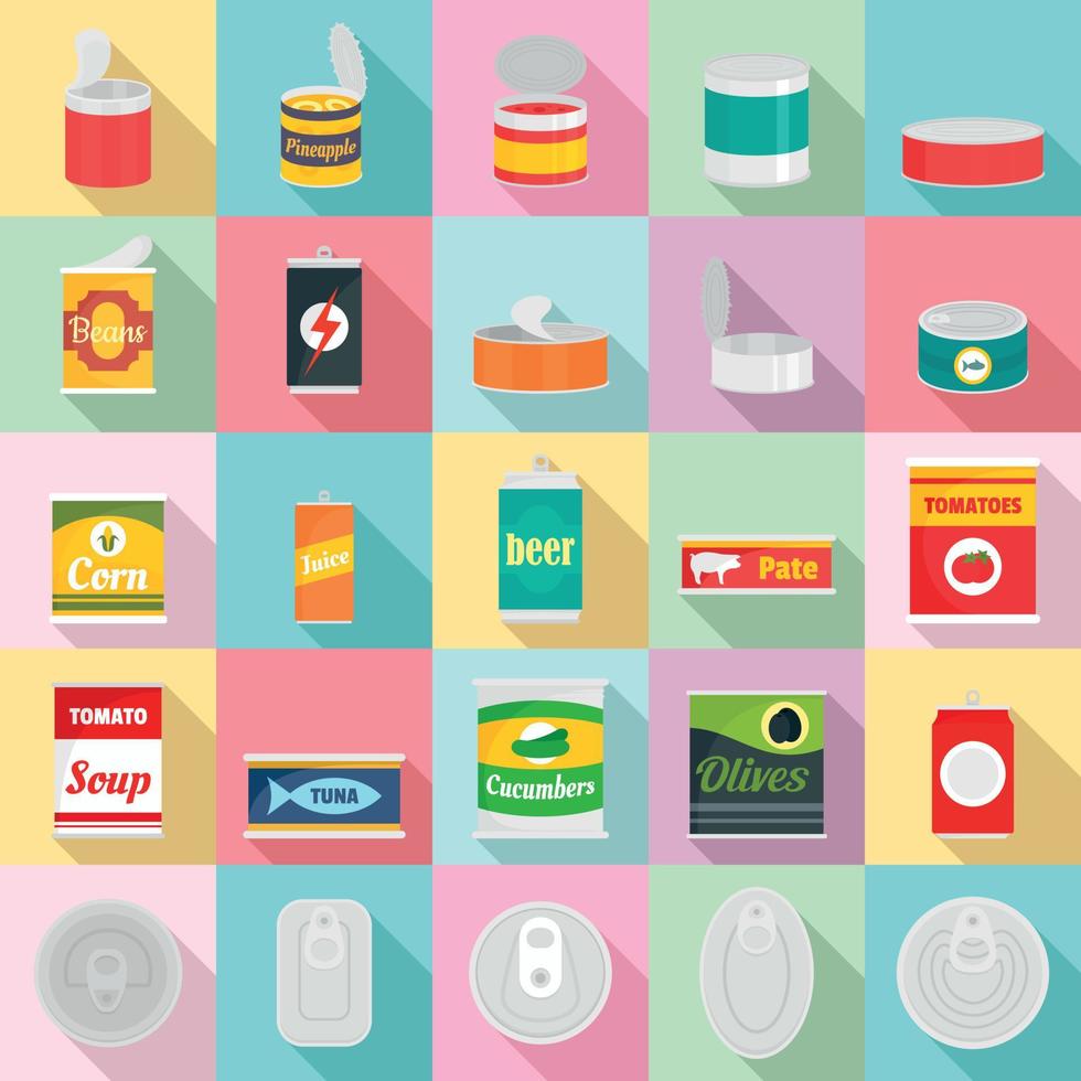 Tin can food package jar icons set, flat style vector