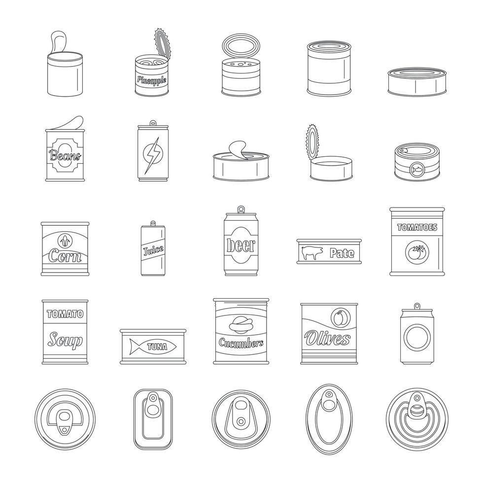 conjunto de iconos de tarro de paquete de comida de lata, estilo de esquema vector
