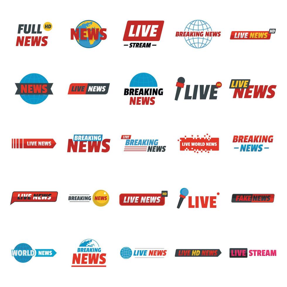News live breaking label icons set, flat style vector