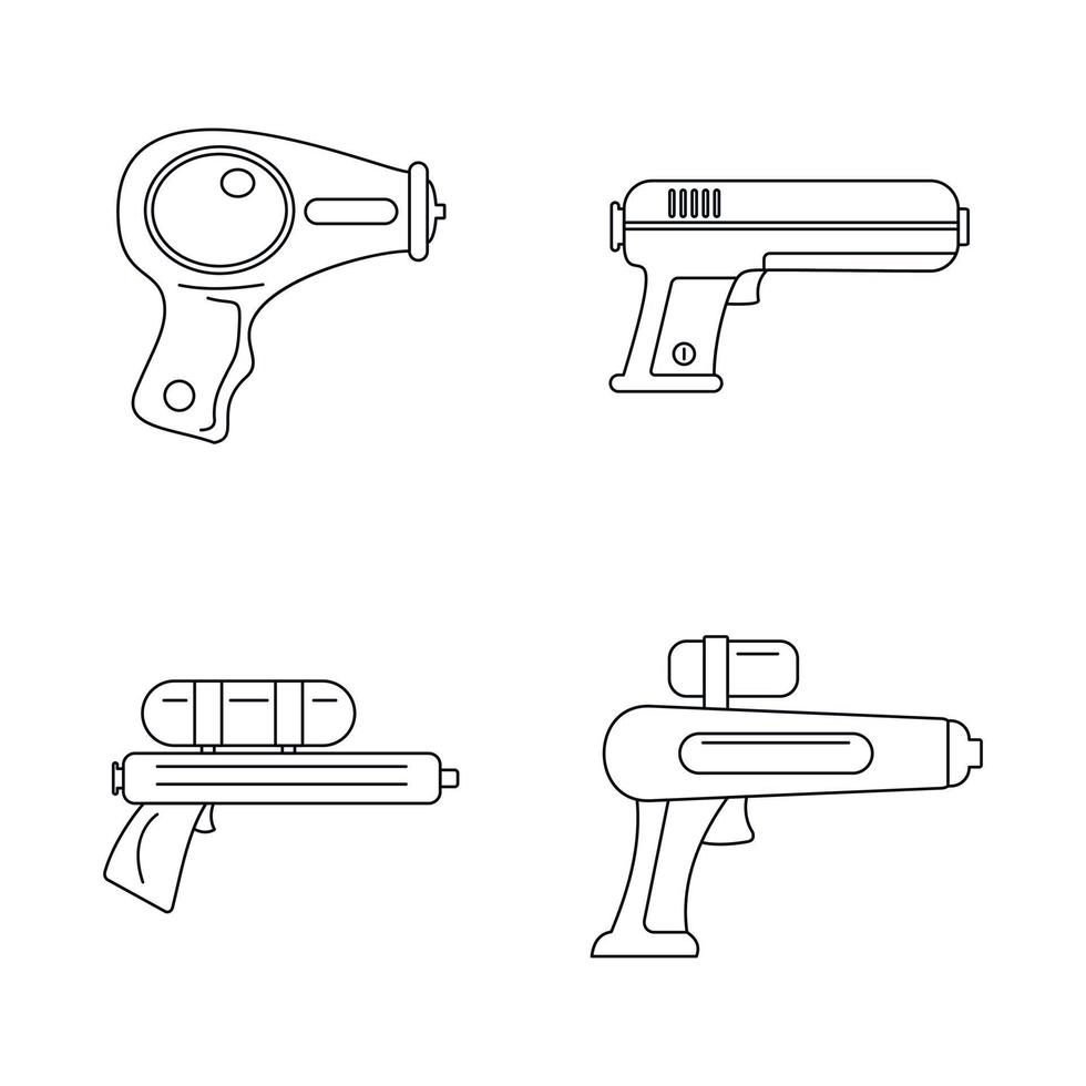 Squirt gun water pistol icons set, outline style vector