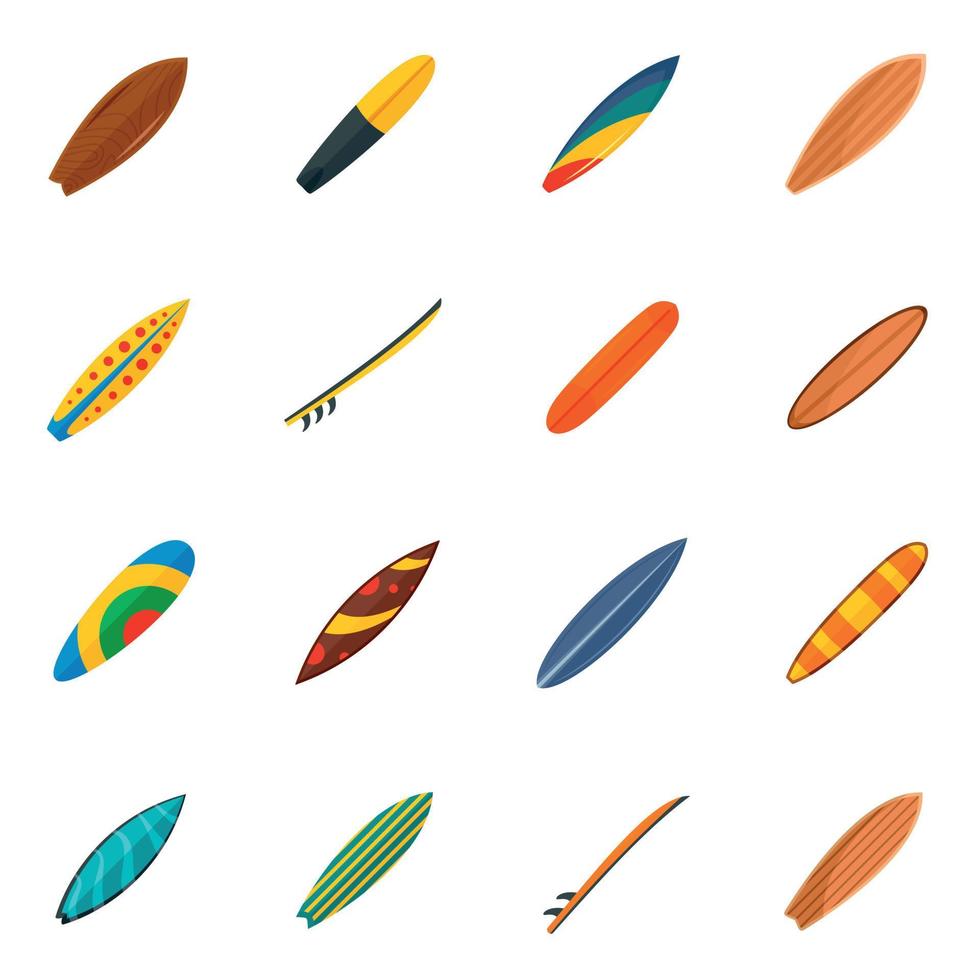 conjunto de iconos de tabla de surf, estilo plano vector