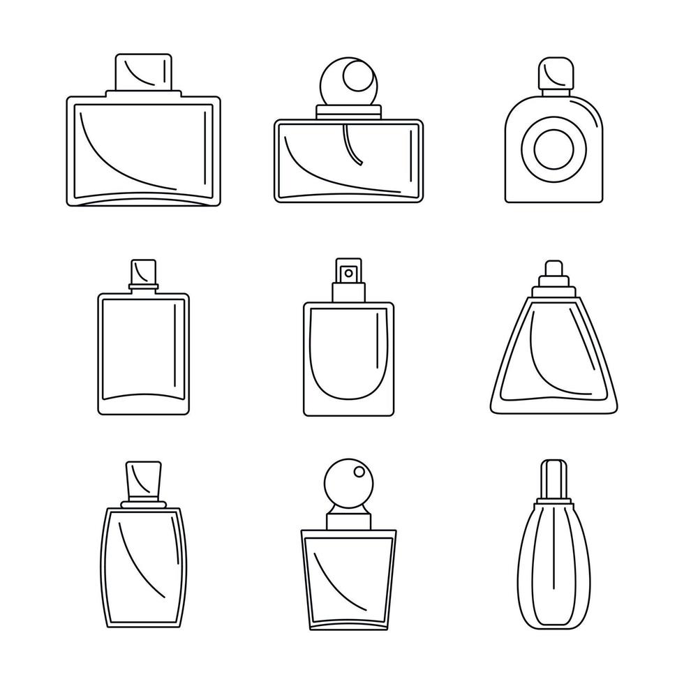 Fragrance bottles perfume icons set, outline style vector