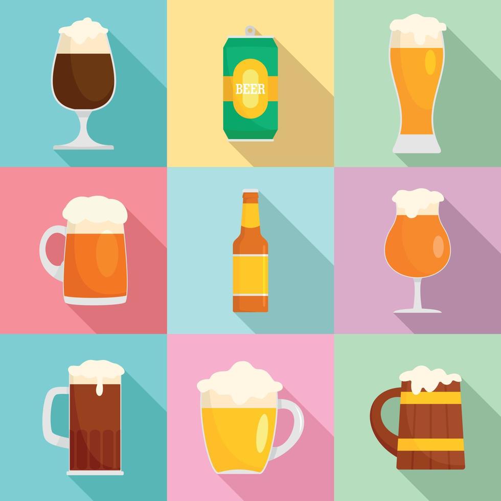 Beer bottles glass icons set, flat style vector