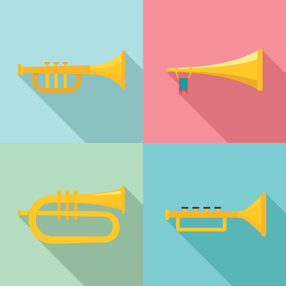 conjunto de iconos de instrumentos musicales de cuerno de trompeta, estilo plano vector