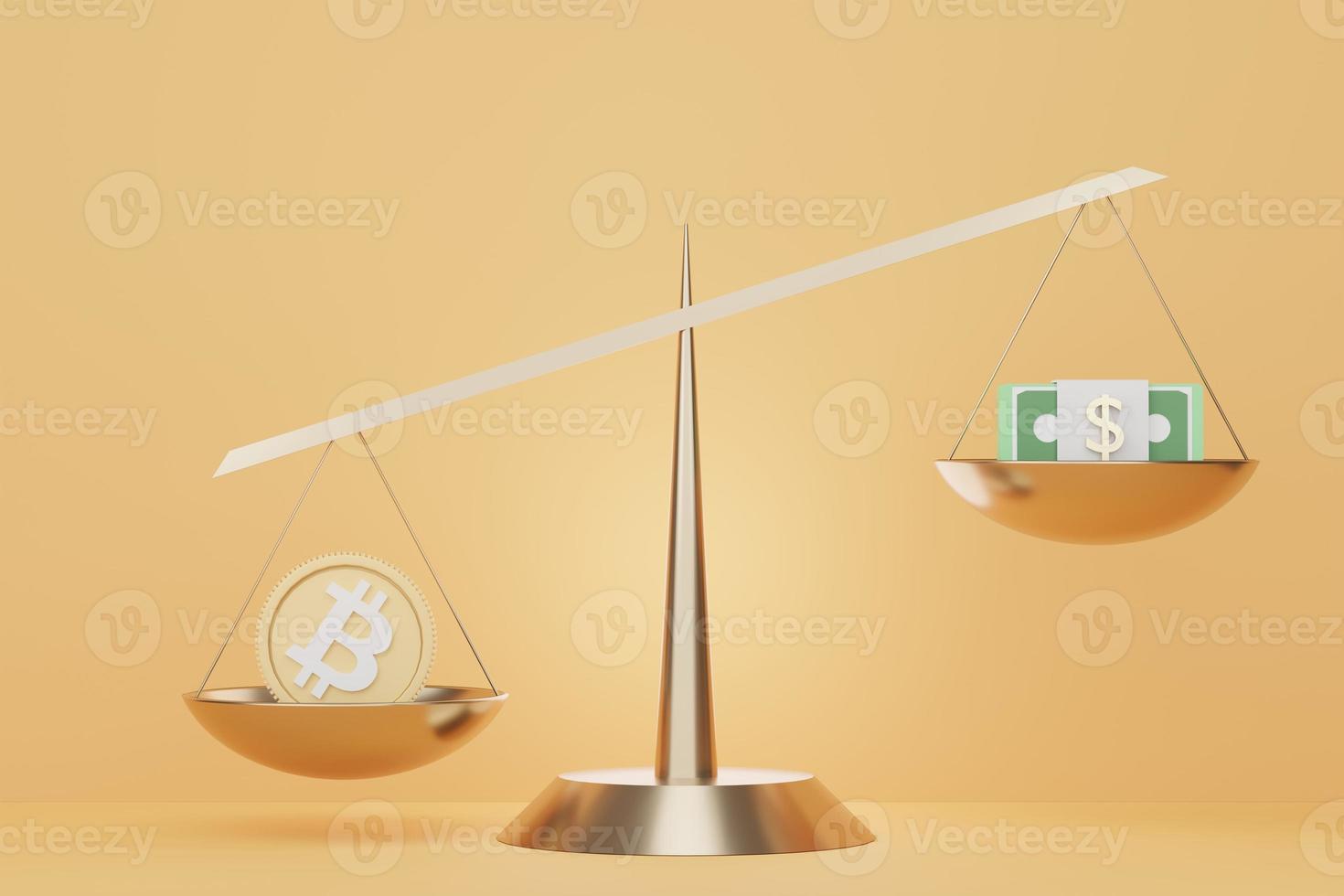 3d render golden scales that weight bitcoin and money. Scene show bitcoin heavier than money. photo