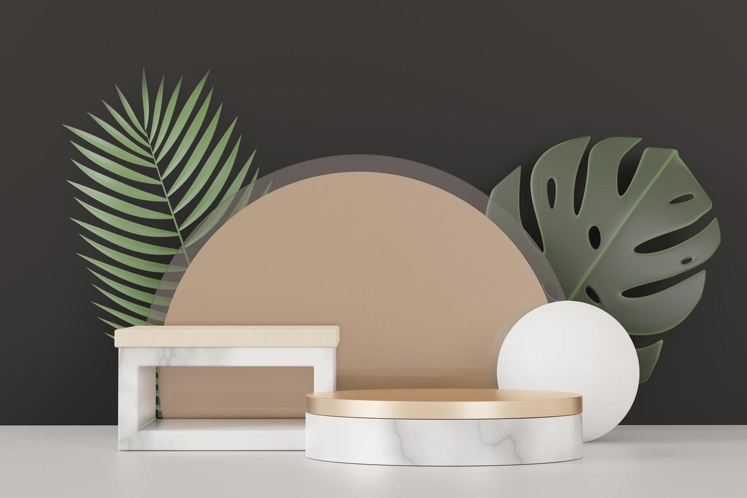 3d render of abstract pedestal podium display with Tropical Monstera leaves. Product and promotion concept for advertising. Green natural background. photo