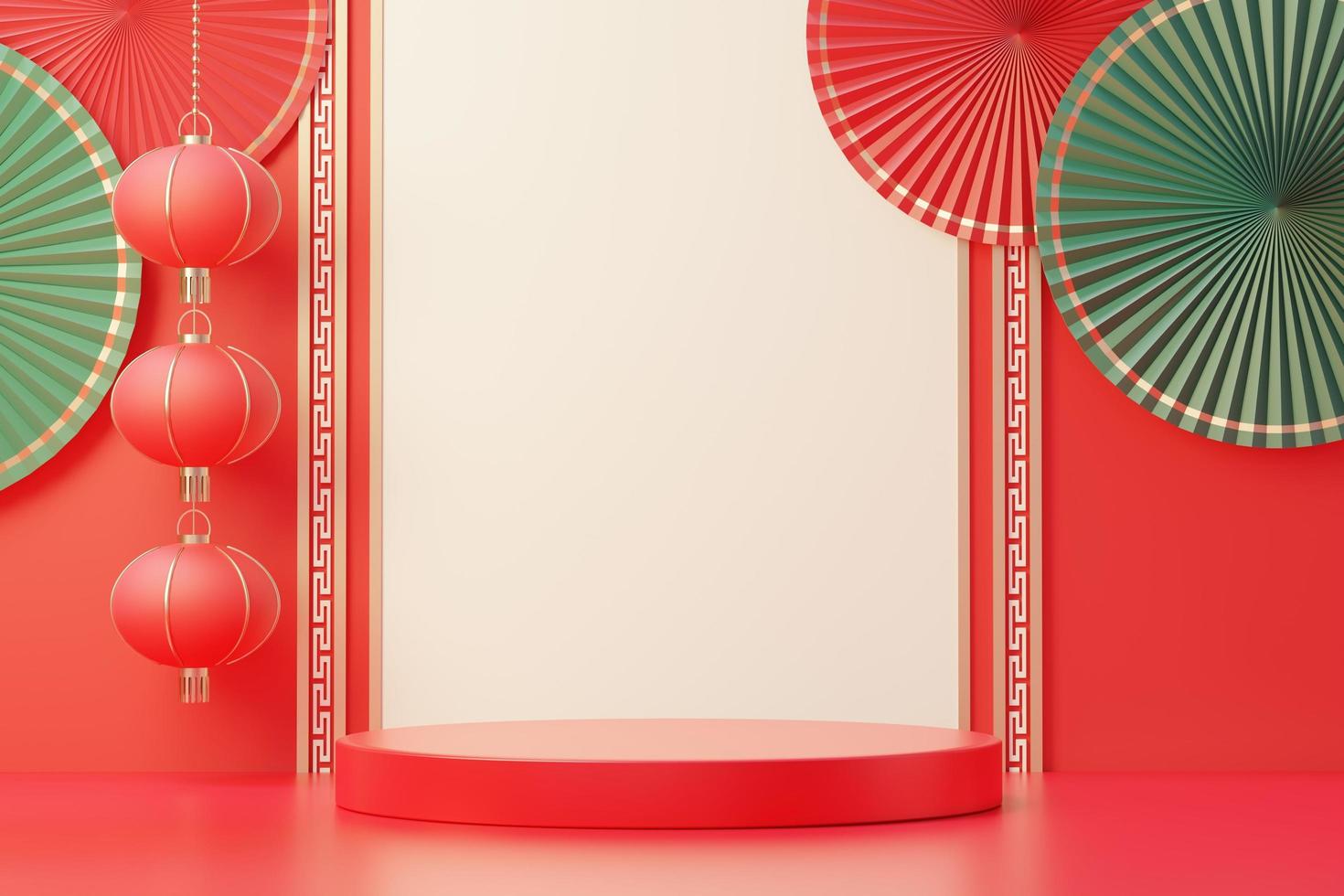 3d rendering of minimal scene of blank podium with Chinese lunar new year theme. Display stand for product presentation mock up. Chinese traditional texture. photo