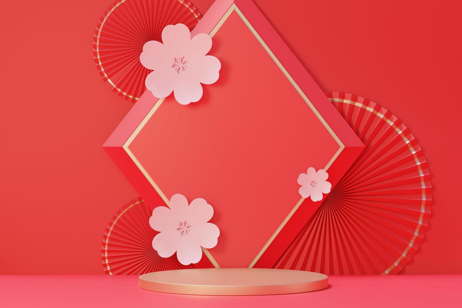 3d rendering of minimal scene of blank podium with Chinese lunar new year theme. Display stand for product presentation mock up. Chinese traditional texture. photo