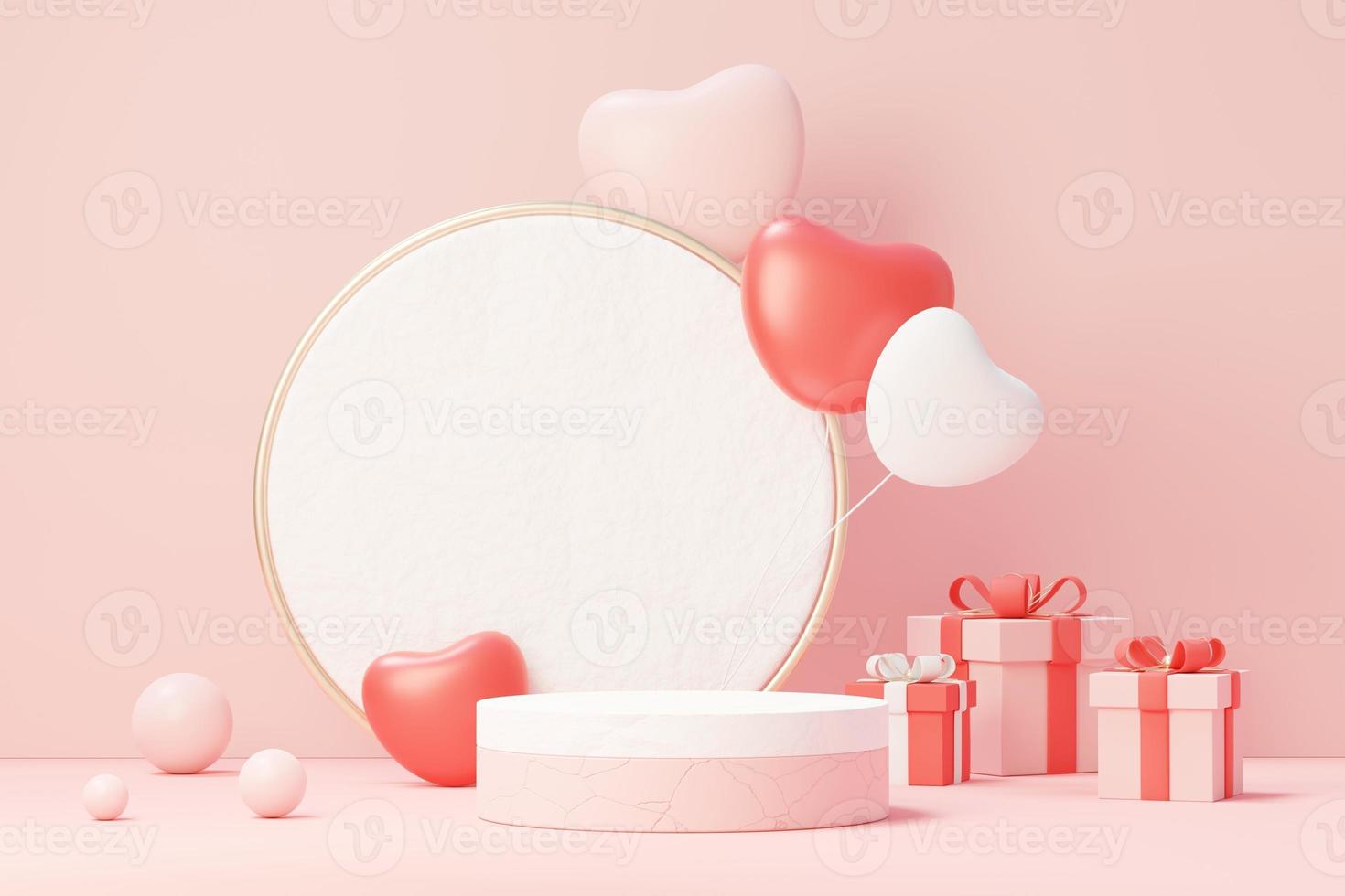 3d render minimal sweet scene with display podium for mock up and product brand presentation. Pink Pedestal stand for Valentine's Day's theme. Cute lovely heart background. Love day's design style. photo