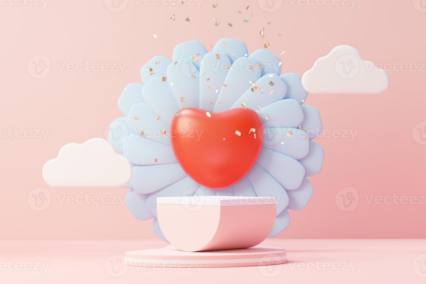 3d render minimal sweet scene with display podium for mock up and product brand presentation. Pink Pedestal stand for Valentine's Day's theme. Cute lovely heart background. Love day's design style. photo