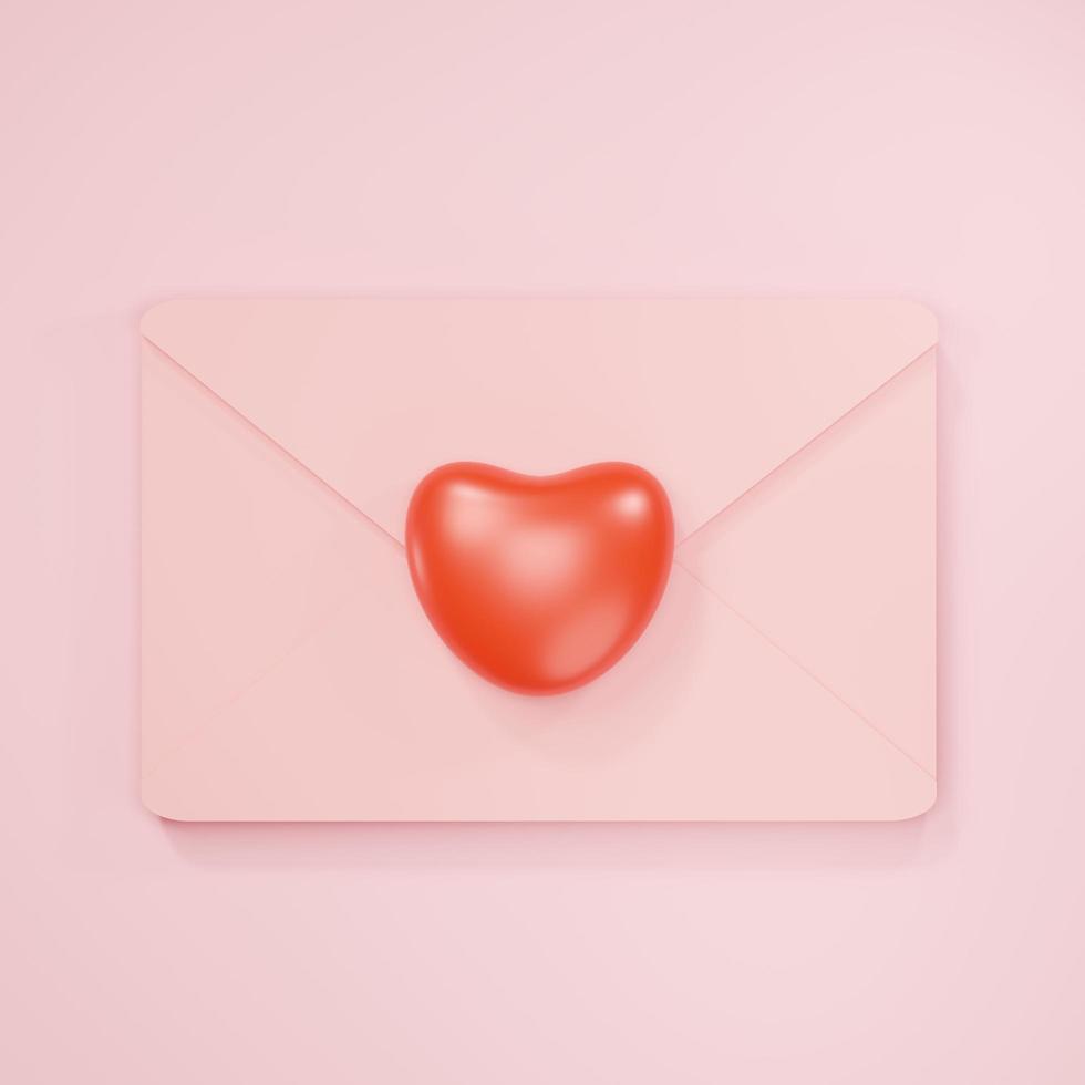3d rendering of Heart card mail envelope icon on clean background for mock up and web banner. Cartoon interface design. minimal metaverse concept. photo